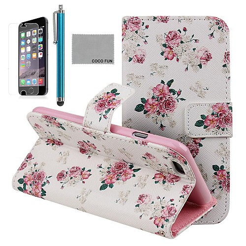 COCO FUN Rose White Pattern PU Leather Full Body Case for iPhone 6 6G 4.7 with Screen Protecter, Stand and Stylus