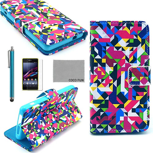 COCO FUN Diamond Puzzle Pattern PU Leather Case with Screen Protector and Stylus for Sony Xperia Z1 mini Compact D5503