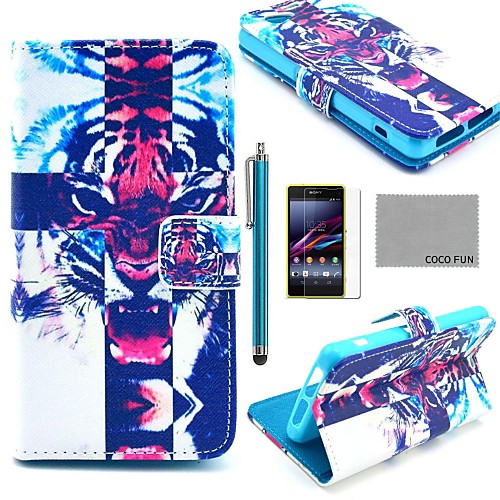 COCO FUN Fierce Tiger Pattern PU Leather Case with Screen Protector and Stylus for Sony Xperia Z1 mini Compact D5503