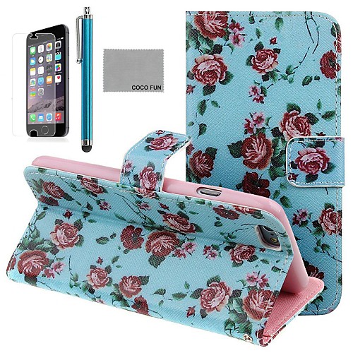 COCO FUN Rose Blue Pattern PU Leather Full Body Case for iPhone 6 6G 4.7 with Screen Protecter, Stand and Stylus