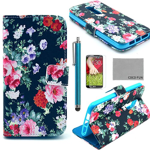 COCO FUN Multicolor Flower Pattern PU Leather Full Body Case with Screen Protector, Stylus and Stand for LG G2