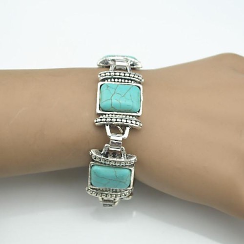 Toonykelly Vintage Look 18CM Women's Antique Silver Plated Oblong Turquoise Bracelet(1 Pc)