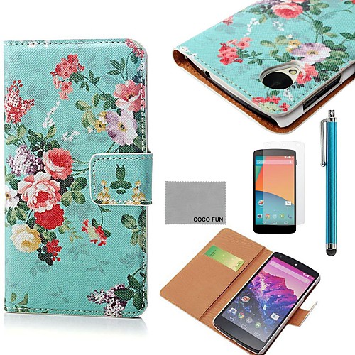 COCO FUN Rose Green Pattern PU Leather Case with Screen Protector, Stylus and Stand for LG Google Nexus 5