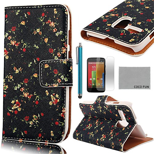 COCO FUN Flower Black Pattern PU Leather Full Body Case with Screen Protector, Stylus and Stand for Motorala Moto G