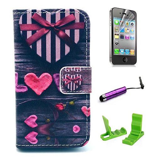 Love Gift Box Heart Pattern PU Leather Case with Screen Protector and Stylus for iPhone 4/4S