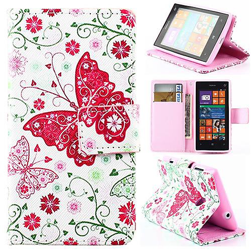 Wallet Style Pink Butterfly PU Leather Full Body Cover with Stand for Nokia Lumia 520