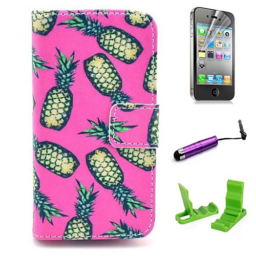 Pink Pineapple Pattern PU Leather Case with Screen Protector and Stylus for iPhone 4/4S