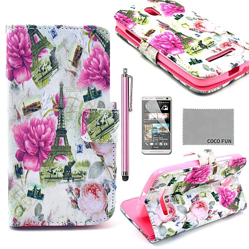 COCO FUN Floral Eiffel Tower Pattern PU Leather Case with Screen Protector, Stylus and Stand for HTC Desire 500