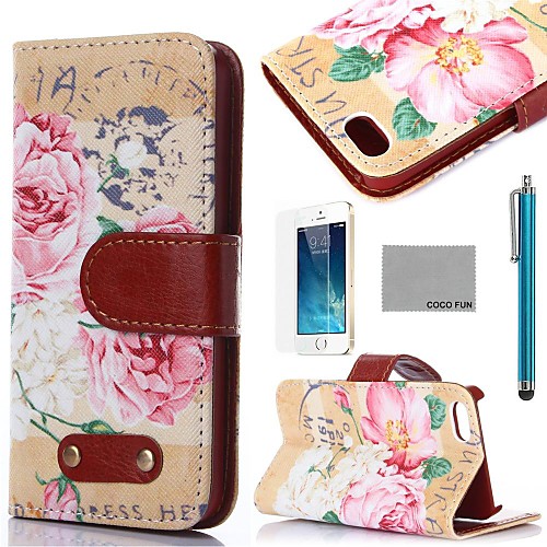 COCO FUN Retro Floral Pattern PU Leather Full Body Case with Film, Stand and Stylus for iPhone 5/5S