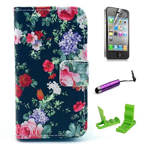 Black Rose Flower Pattern PU Leather Case with Screen Protector and Stylus for iPhone 4/4S