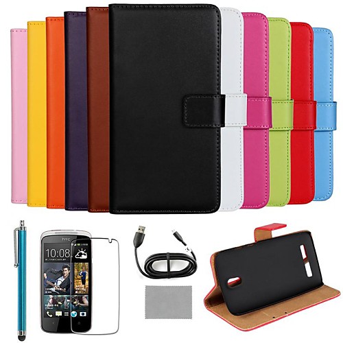 COCO FUN Luxury Ultra Slim Solid Color Genuine Leather Case with Screen Protector,Cable and Stylus for HTC Desire 500