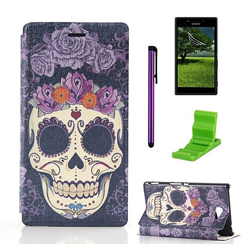 Cartoon Flower Skull Pattern PU Leather Case with Screen Protector,Stylus and Stand for Sony Xperia M2 S50h