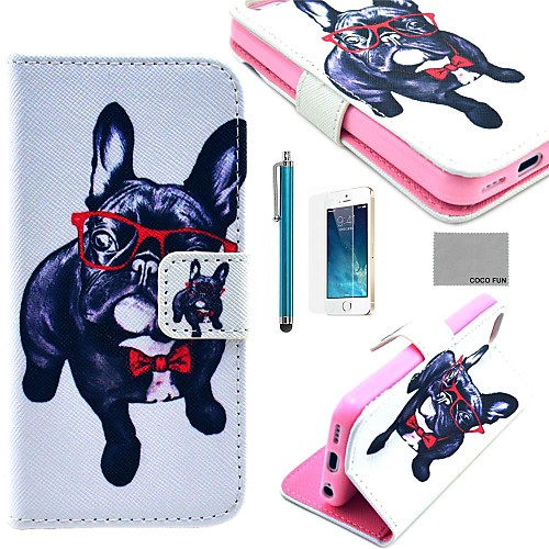 COCO FUN Glasses Dog Pattern PU Leather Full Body Case with Film, Stand and Stylus for iPhone 5/5S