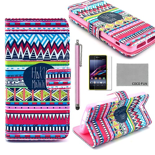 COCO FUN Red Tribal Carpet Pattern PU Leather Case with Film and Stylus for Sony Xperia Z1 mini Compact D5503