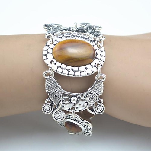 Toonykelly Vintage 18cm Women's Antique Silver Natural Tiger Stone Bracelet(1 Pc)