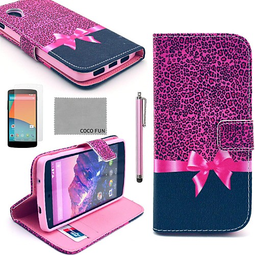 COCO FUN Purple Leopard Pattern PU Leather Full Body Case with Screen Protector, Stylus and Stand for LG Google Nexus 5