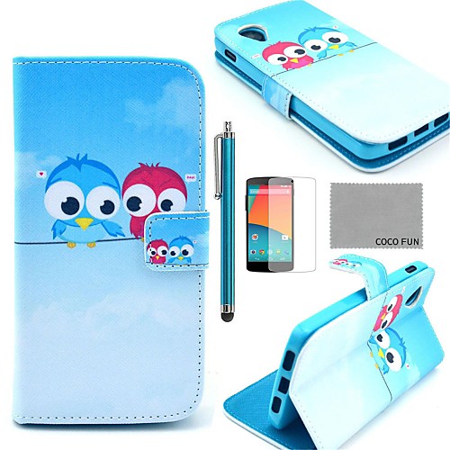 COCO FUN Cute lovely Owl Pattern PU Leather Case with Screen Protector, Stylus and Stand for LG Google Nexus 5