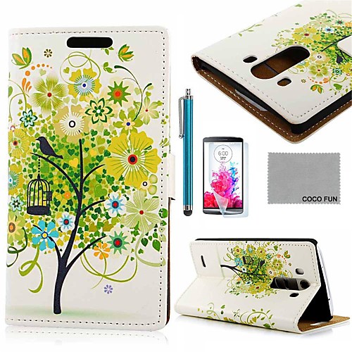 COCO FUN Green Lucky Tree Pattern PU Leather Full Body Case with Screen Protector, Stylus and Stand for LG G3 D850