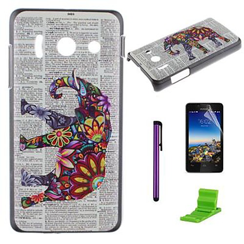 Elephant Newspaper Pattern PC Hard Case with Screen Protector,Stylus and Stand for Huawei Y300