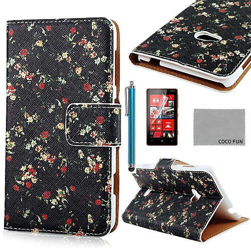 COCO FUN Flower Black Pattern PU Leather Full Body Case with Screen Protector, Stylus and Stand for Nokia Lumia N625