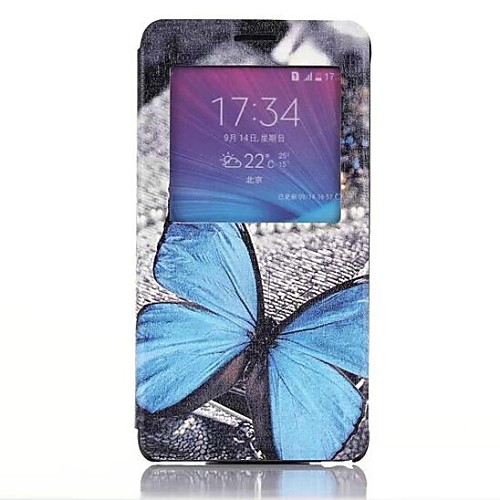 Blue Butterfly Pattern PU Leather Cover with View Window for Samsung Galaxy Note 4