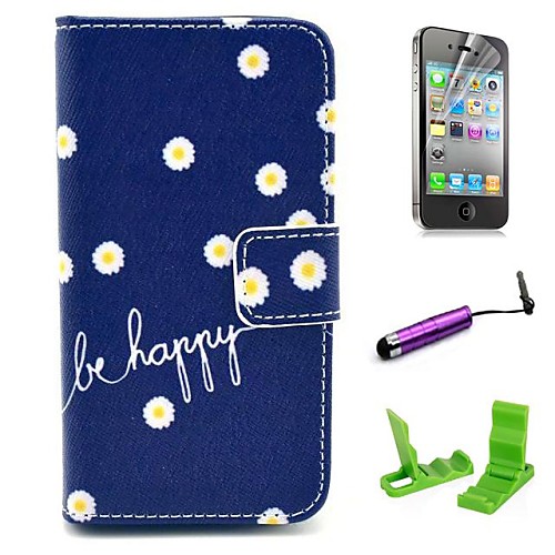 Be Happy Daisy Pattern PU Leather Case with Screen Protector and Stylus for iPhone 4/4S