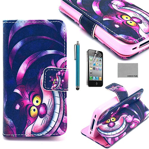 COCO FUN Purple Carton Cat Pattern PU Leather Full Body Case with Screen Protector, Stand and Stylus for iPhone 4/4S