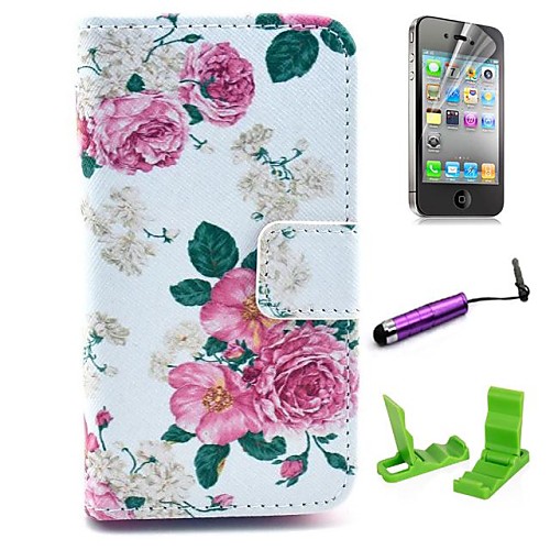 Beautiful Rose Flower Pattern PU Leather Case with Screen Protector and Stylus for iPhone 4/4S