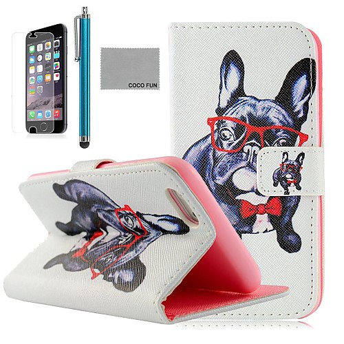 COCO FUN Glasses Dog Pattern PU Leather Full Body Case for iPhone 6 6G 4.7 with Screen Protecter, Stand and Stylus