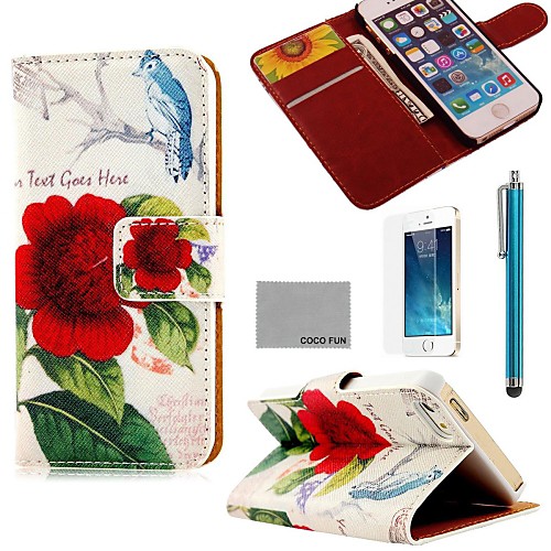 COCO FUN Red Floral Pattern PU Leather Full Body Case with Film, Stand and Stylus for iPhone 5/5S