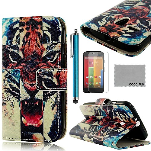 COCO FUN Fierce Tiger Pattern PU Leather Full Body Case with Screen Protector, Stylus and Stand for Motorala Moto G