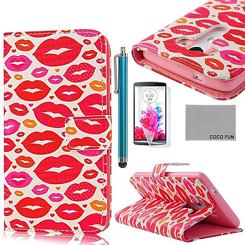 COCO FUN Pink & Red Lips Pattern PU Leather Full Body Case with Screen Protector, Stylus and Stand for LG G3 D850