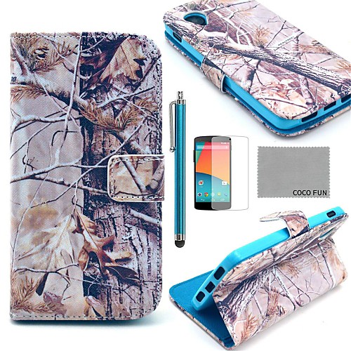 COCO FUN Grey Branch Pattern PU Leather Full Body Case with Screen Protector, Stylus and Stand for LG Google Nexus 5