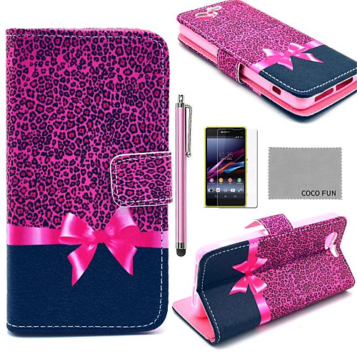 COCO FUN Purple Leopard Pattern PU Leather Case with Screen Protector and Stylus for Sony Xperia Z1 mini Compact D5503