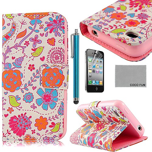 COCO FUN Pink Cute Flower PU Leather Full Body Case with Screen Protector, Stand and Stylus for iPhone 4/4S