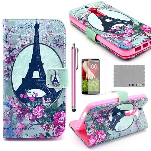 COCO FUN Rose Flower Eiffel Pattern PU Leather Full Body Case with Screen Protector, Stylus and Stand for LG G2