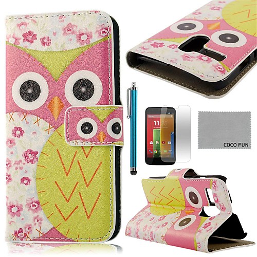 COCO FUN Pink Flower Owl Pattern PU Leather Full Body Case with Screen Protector, Stylus and Stand for Motorala Moto G