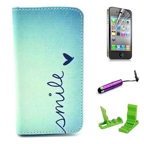 Smile Heart Pattern PU Leather Case with Screen Protector and Stylus for iPhone 4/4S