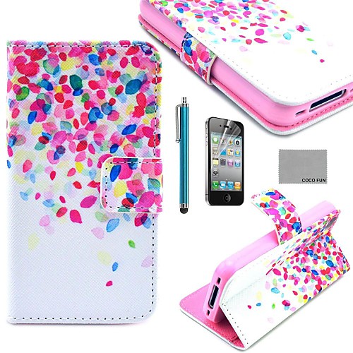 COCO FUN Colorful Dots Pattern PU Leather Full Body Case with Screen Protector, Stand and Stylus for iPhone 4/4S