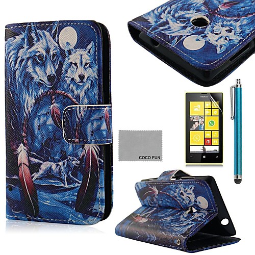 COCO FUN Blue Wolf Pattern PU Leather Full Body Case with Screen Protector, Stylus and Stand for Nokia Lumia N520