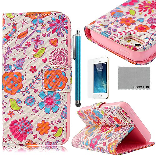 COCO FUN Pink Cute Flower Pattern PU Leather Full Body Case with Film, Stand and Stylus for iPhone 5/5S