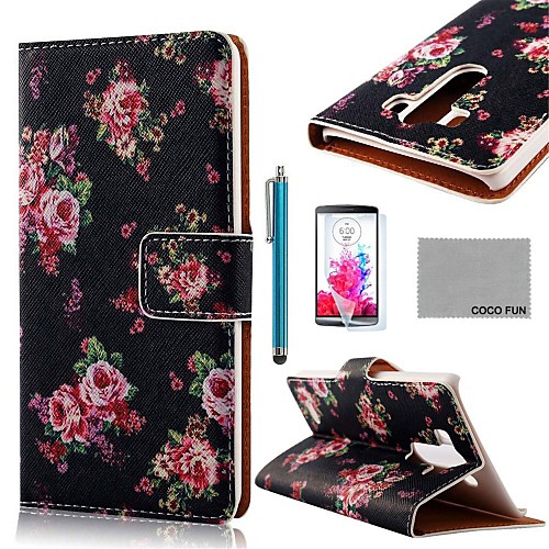 COCO FUN Rose Black Pattern PU Leather Full Body Case with Screen Protector, Stylus and Stand for LG G3 D850