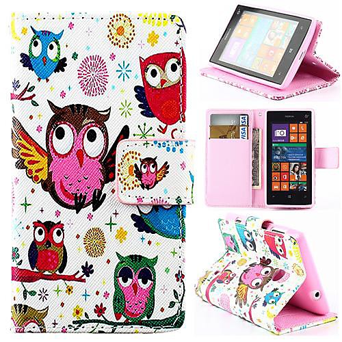 Wallet Style Cartoon Owl PU Leather Full Body Cover with Stand for Nokia Lumia 520