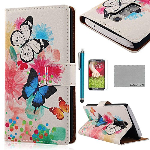 COCO FUN Flower Butterfly Silk Pattern PU Leather Full Body Case with Screen Protector, Stylus and Stand for LG G2 MINI