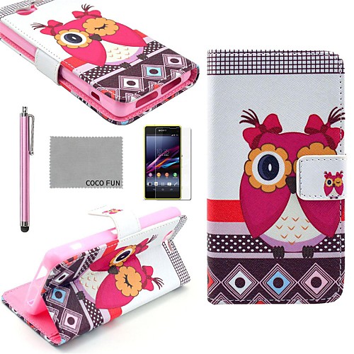 COCO FUN Pink Cute Owl Pattern PU Leather Case with Screen Protector and Stylus for Sony Xperia Z1 mini Compact D5503