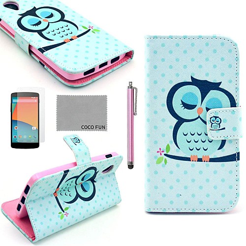 COCO FUN Sleeping Owl Pattern PU Leather Full Body Case with Screen Protector, Stylus and Stand for LG Google Nexus 5