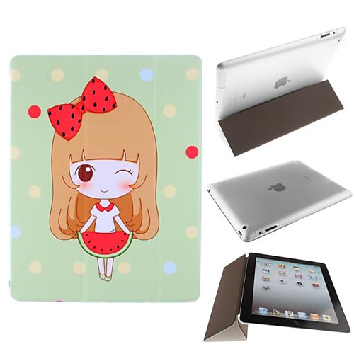 Watermelon Girl Three Folds Pattern PU Leather Clever Cover Thin Transparent Hard Plastic Shell for iPad 2/3/4