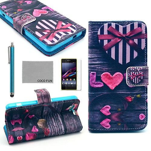 COCO FUN Love Heart Pattern PU Leather Case with Screen Protector and Stylus for Sony Xperia Z1 mini Compact D5503