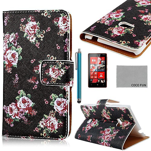 COCO FUN Rose Black Pattern PU Leather Full Body Case with Screen Protector, Stylus and Stand for Nokia Lumia N625