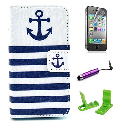 Striped Anchor Pattern PU Leather Case with Screen Protector and Stylus for iPhone 4/4S